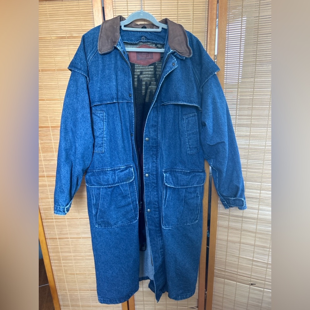 Woolrich Made in USA Denim Duster | Wool Aztec Lining | Leather Collar L